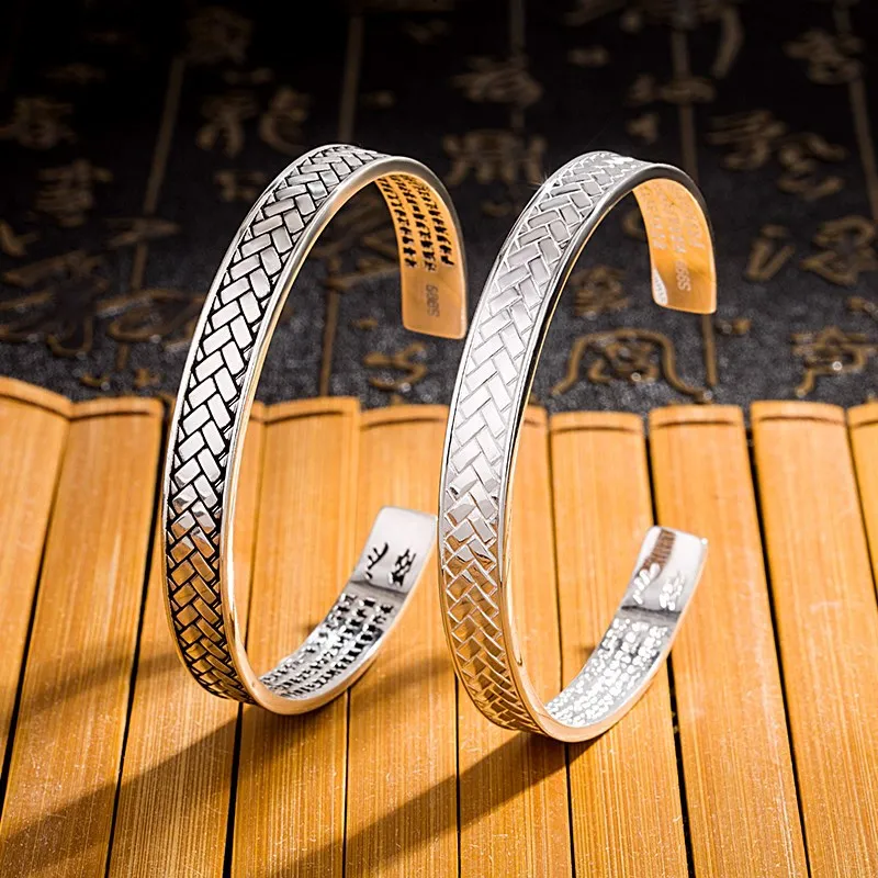 New Fashion Personality Retro Braided Bracelets 925 Sterling Silver Jewelry Buddhist Heart Sutra Opening Bangles TYB121