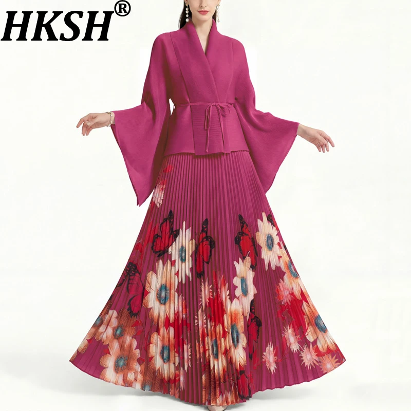 

HKSH Women Elegant Two-piece Set Cape Oversized Solid Color Chic Coat Printed Pleated A-line Slimming Trend Casual Skirt HK21643