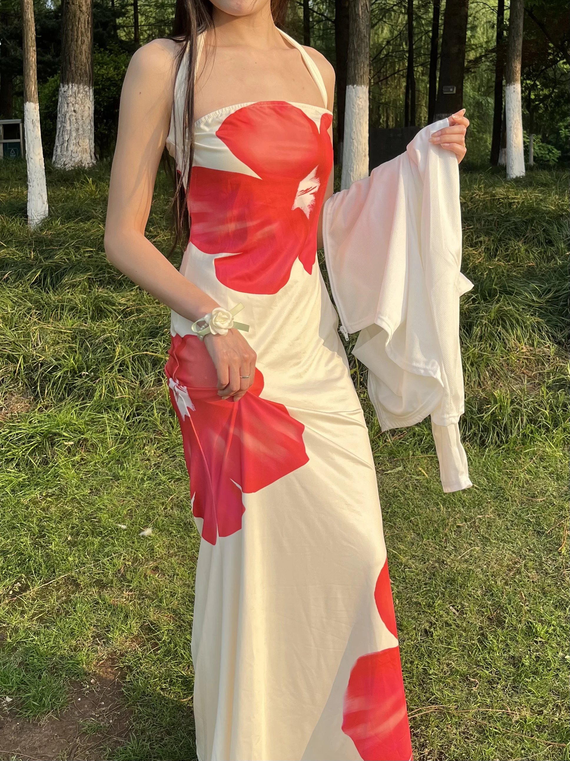 マタニティドレスとスカート-夏-レディース-2026年新作-ネックレスなし-バックレス-ロングドレス-フルスカートとプリント柄