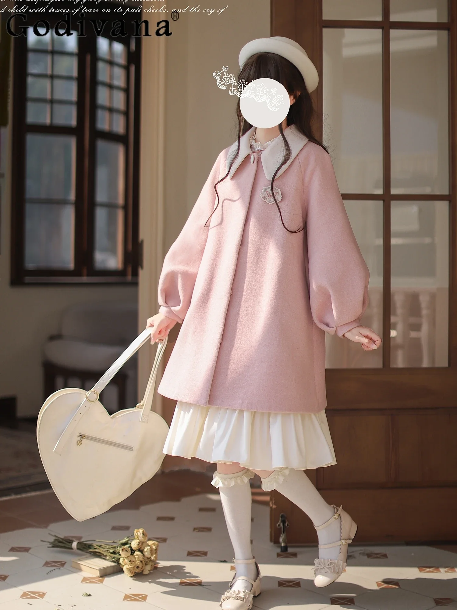 

Original Girly Sweet Lolita Woolen Coat Jackets Women's Autumn and Winter Loose Mid-length Overcoat Lady Y2k Long Sleeve Dress