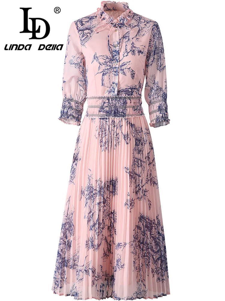 LD LINDA DELLA Autumn Winter Vintage Women\'s Dress Stand Collar Half Sleeved Single-Breasted Elastic Waist Design Pleated Dress