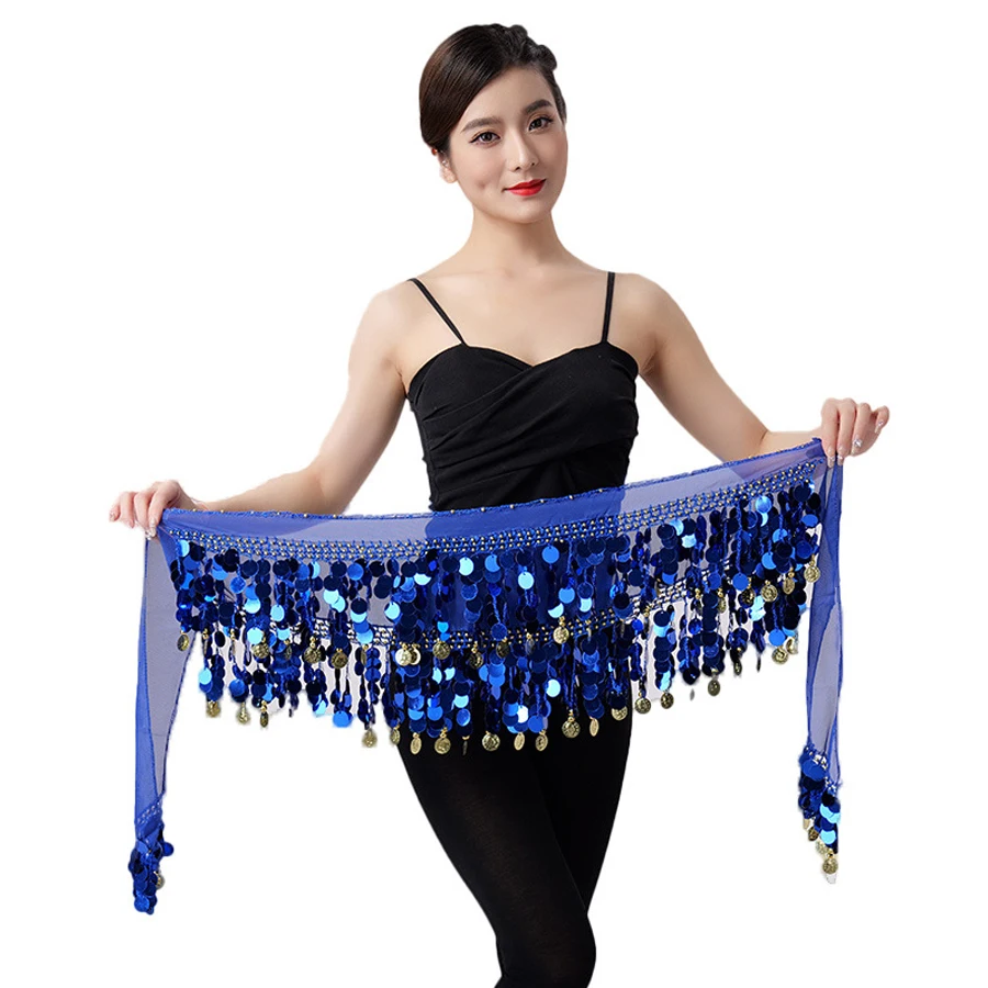 Purple Sequin Belly Dance Hip Scarf with Gold Coins, Shiny Fringe, Elastic Waistband – Perfect for Performances, Workouts, and D