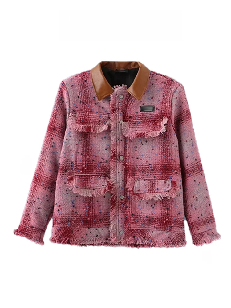 Maglia in pelle con bordo a balza rosa Mix Jaet da donna Primavera Autunno Nuovo marchio Sle Faion High End Feel Collar Coppia Jaet Top
