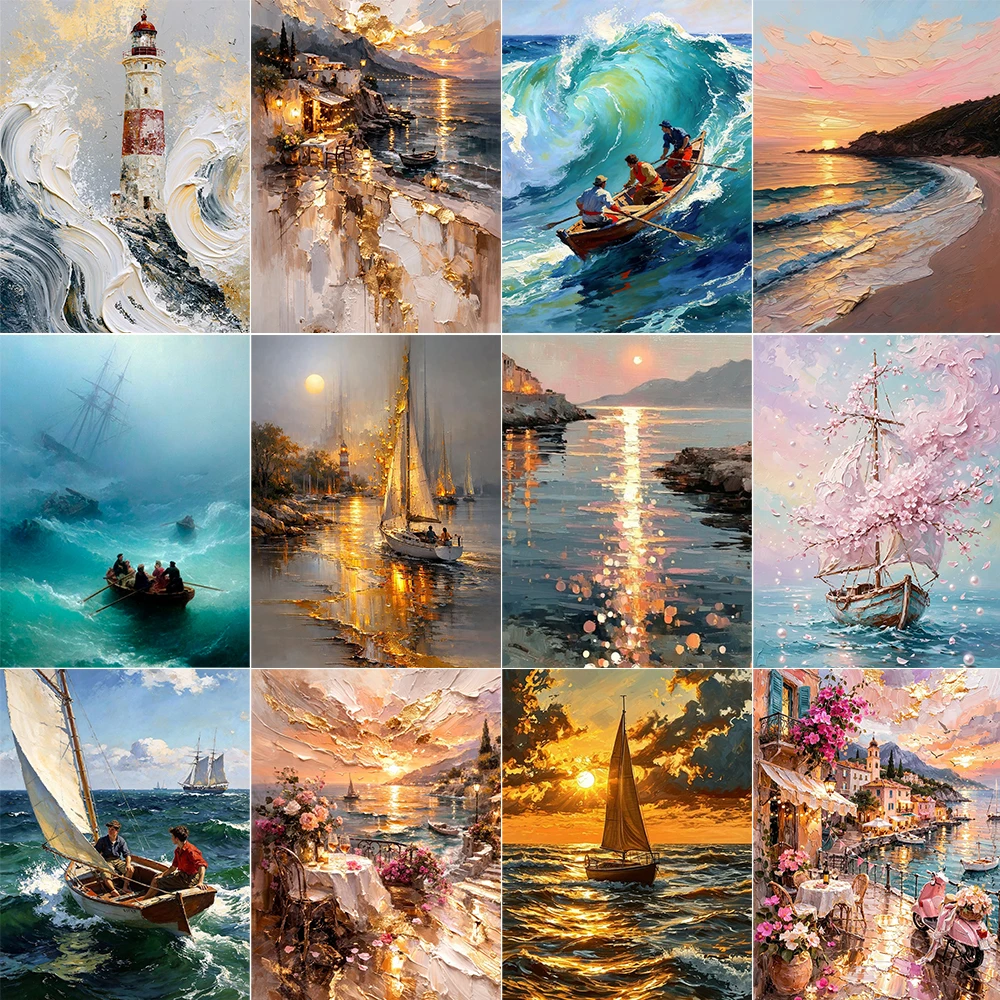 Seascape Sea Wave Sailboat Artwork Posters and Prints Canvas Printing Seaside Town Wall Art Picture for Living Room Decor