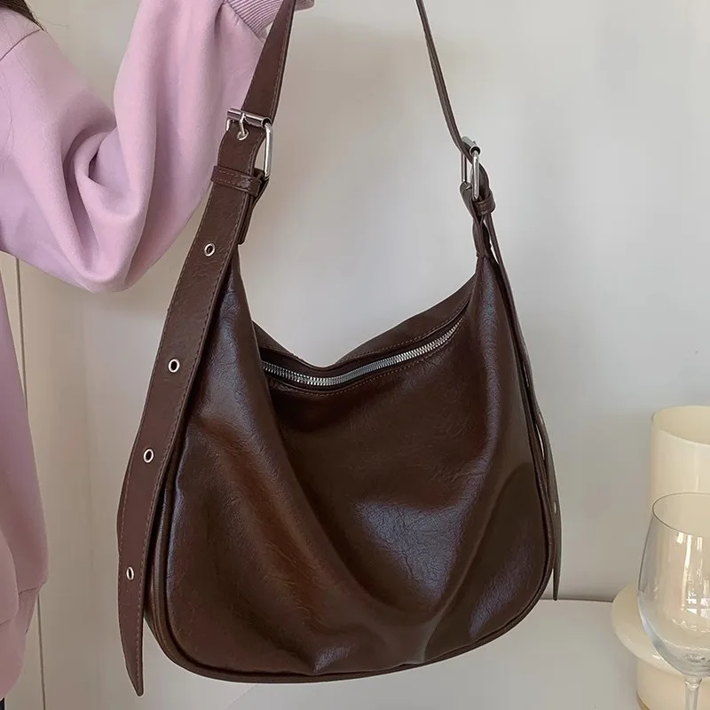 High-end Brown PU Leather Tote Bags Vintage Black Large Capacity Shoulder Bags for Women Simple Ladies Crossbody Bags 2024 New