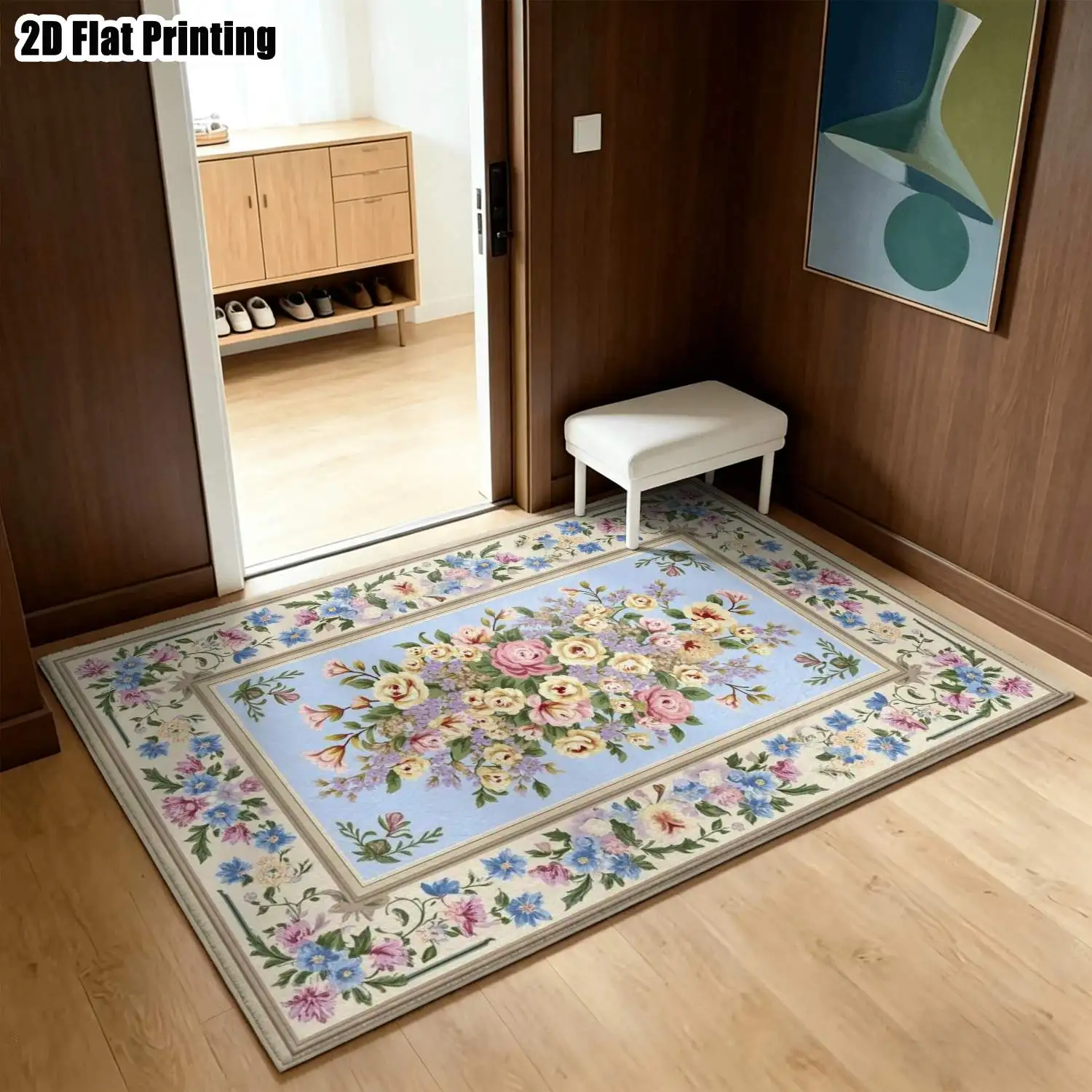 1Pc 2D Printed Carpet: Blue Base, Pink Floral Pattern European/Bohemian/Vintage Style, Instagram-Inspired. Home Decor Rug, Multi-Size, Machine Washable.