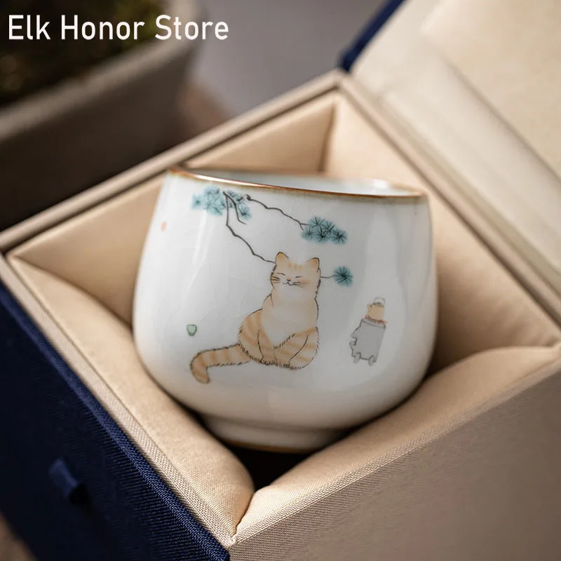 Chinese Ru Kiln Ceramic Teacup Household Coffee Cup Cat Pattern Tea Bowl Handmade Tea Set Accessories Portable Master Cup Gift