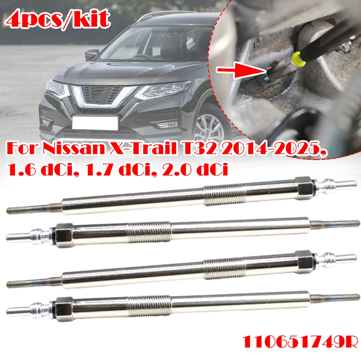 

4PC Diesel Heater Nickel Plating Glow Plugs 4.5V For Nissan X-Trail T32 14-2025 1.6 1.7 2.0 dCi 6221590001 110651749R 110650819R