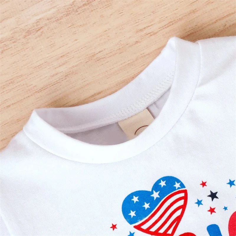 Newborn Baby Girl 4th of July 3pcs Outfits Short Sleeve Tasseled T-shirt Stars Shorts and Hairband Summer Clothes Set