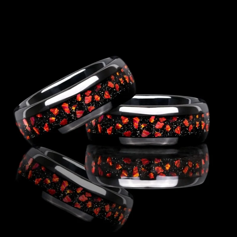 

Red Fire Opal Ring, Red Nebula Ring,His and Hers Tungsten Wedding Band, 8Mm Black Rings, Couples Ring, Polish, Dome, Comfort Fit