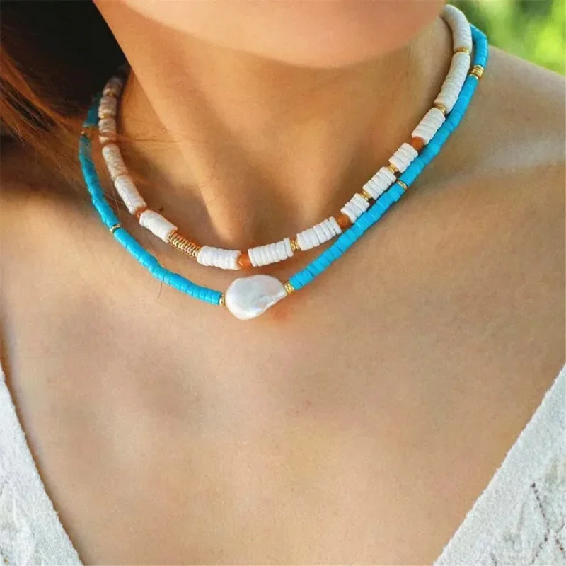 White Bohemian Surfer Necklace For Women Summer Beach Natural Shell Abacus Beads Choker Necklace Beach Jewelry Gift