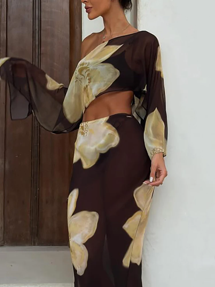 Sexy schulterfreies Oberteil mit langer Hose, zweiteiliges Set, modisches Muster, bedrucktes Strandoutfit, Urlaubs-Camisole, Damenanzug