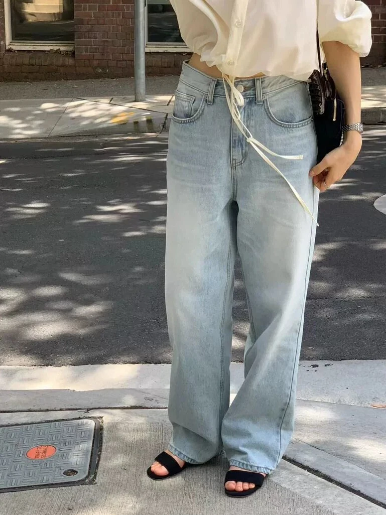 Light Blue Washed Straight Leg Jeans High Waist Casual Slimming Spring New Style OUNCE Comfortable Breathable Cotton Denim