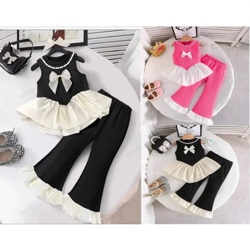 Girl Black White Bow Ruffle Tiered Top Flare Pants Set Sleeveless Pearl Collar Casual Party Dress Set Photoshoot Dailywear ZYD47