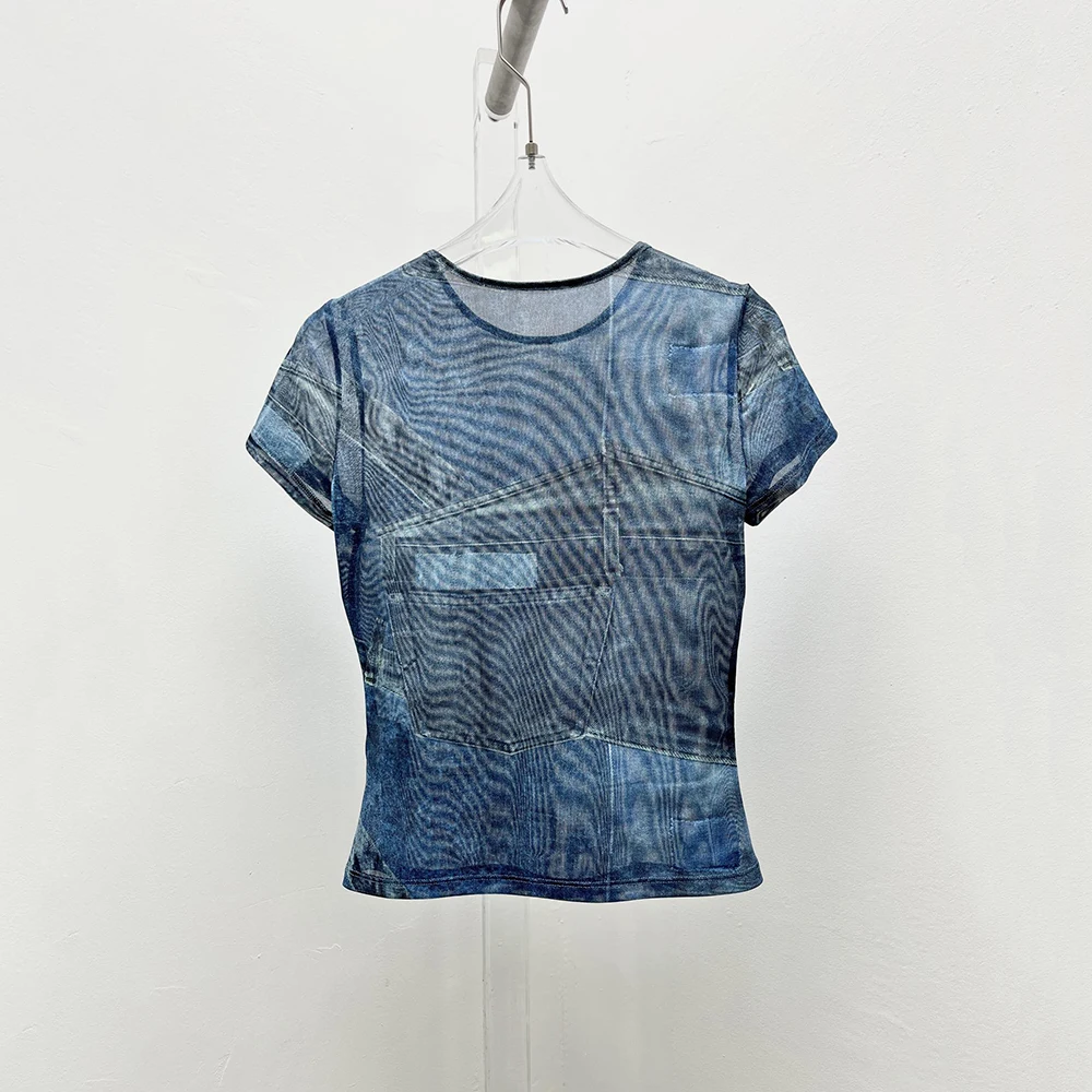 2025 Spring And Summer New Women's T-shirt Y2k Faux Denim Printed Round Neck Short Sleeve Sexy See-through Mesh Thin Tees Top