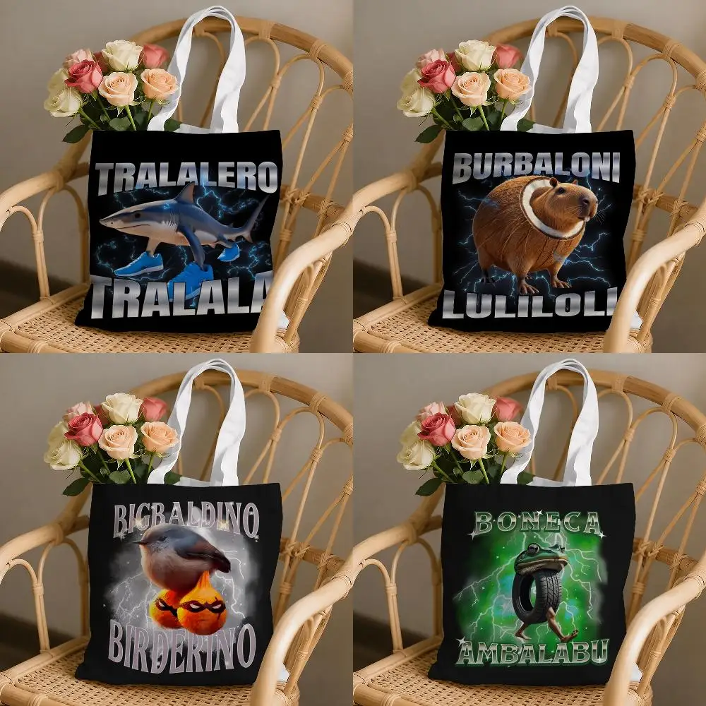 Meme I-Italian Brain Rot Tralalero Storage Bags Oversized Canvas Tote Bag Casual Shoulder Bag Large Reusable Shopping Handbag