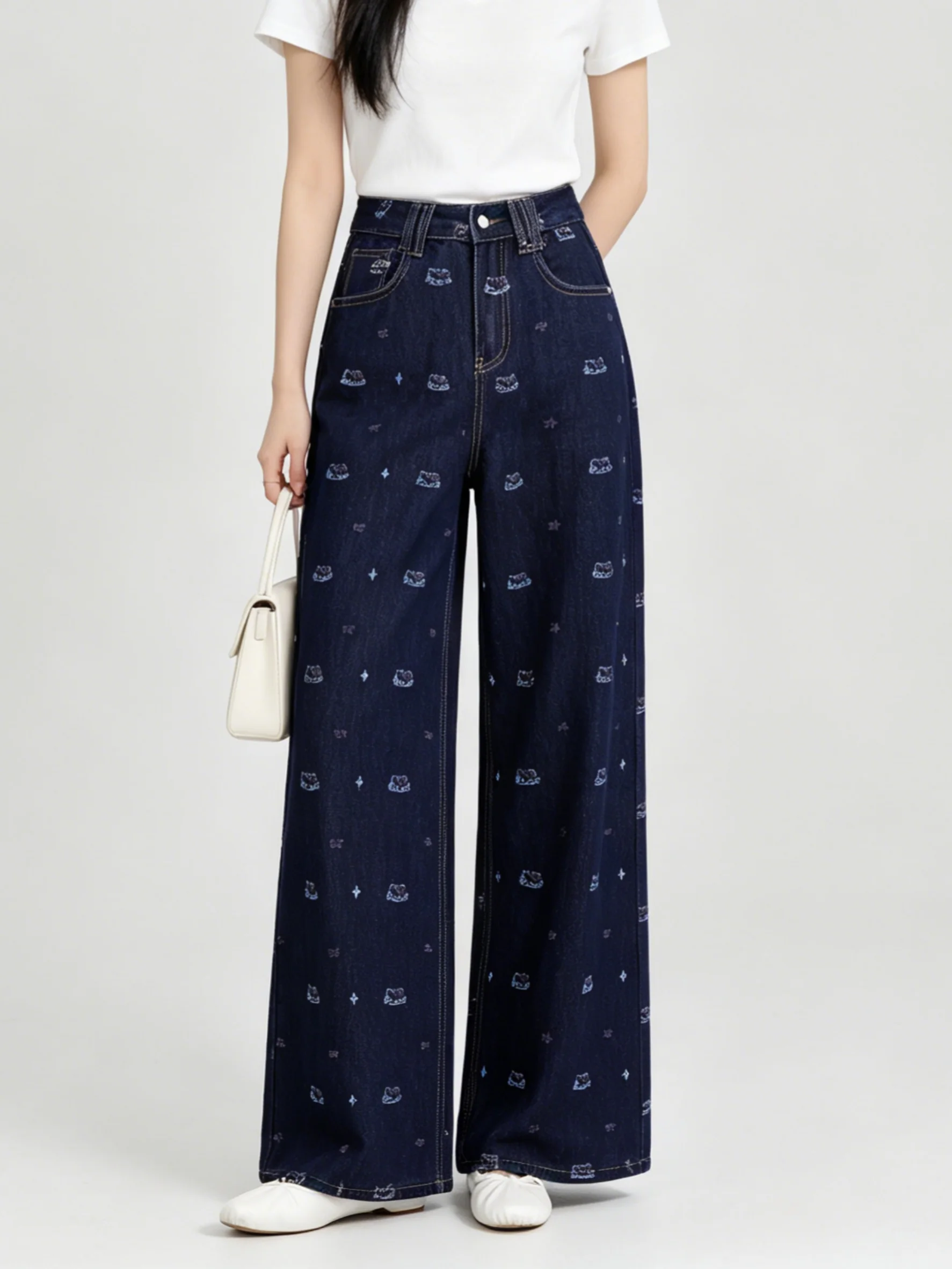 Sweet Worn-In Soft Denim Jeans Loose Wide Leg Pants Summer Slimming Long Trousers Korean Style Low Waist Casual Cartoon Pattern