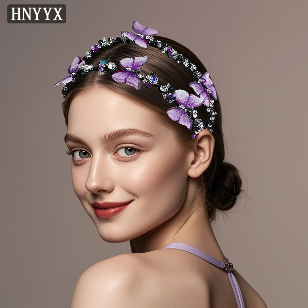 HNYYX Purple Rhinestone Wide Hairband Double Row Crystal Tiara With Butterfly Wedding Bride Wedding Hair Accessories A160