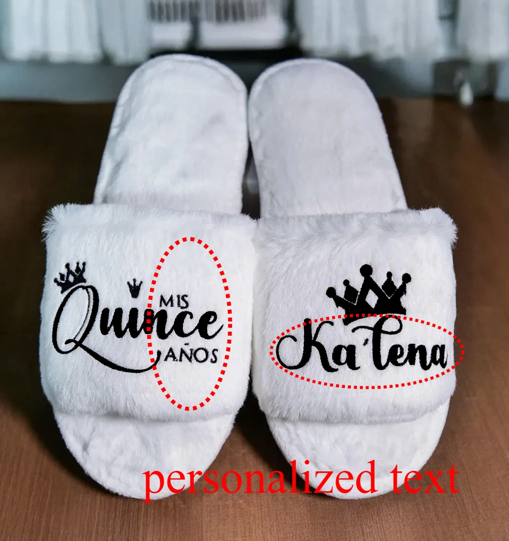 

Mis Quince Personalized Fluffy Slippers Cute Quinceanera Gifts for Mama De La Quince & Quince Squad Birthday Wedding Christmas