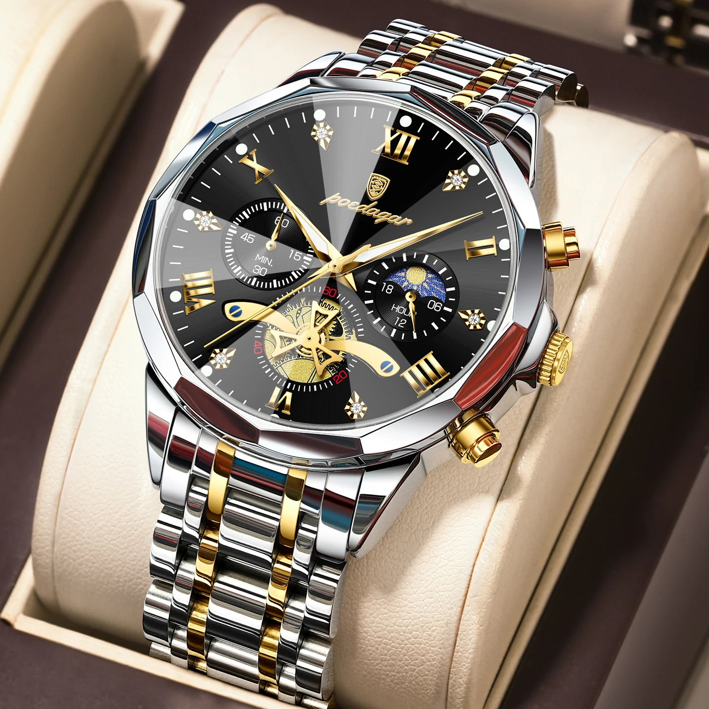 Reloj POEDAGAR de Lujo para Hombre, Reloj de Pulsera Deportivo Cronógrafo Luminoso a Prueba de Agua, Reloj de Cuarzo de Acero Inoxidable para Hombre