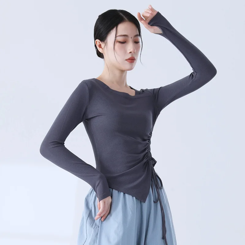 Thumb Finger Sleeve Women Top Long Sleeve Dance Shirt Side Draw String Classical Dancer Practice Clothes Solid Color 2023 New