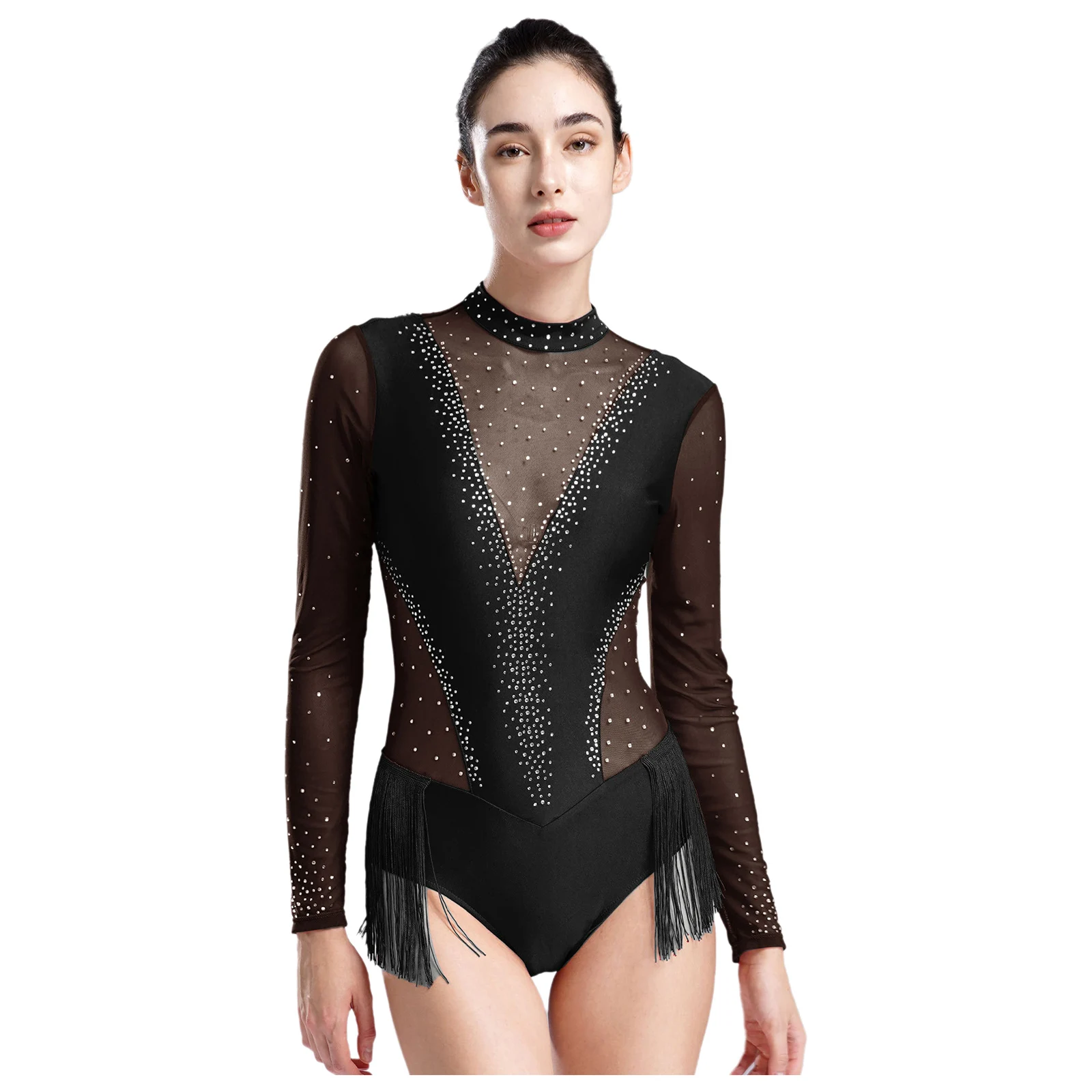 Womens Long Sleeve Tassel Bodysuit Ballet Gymnastics Skating Jumpsuit Femme Rhinestones Sheer Mesh Fringed Latin Dance Leotard