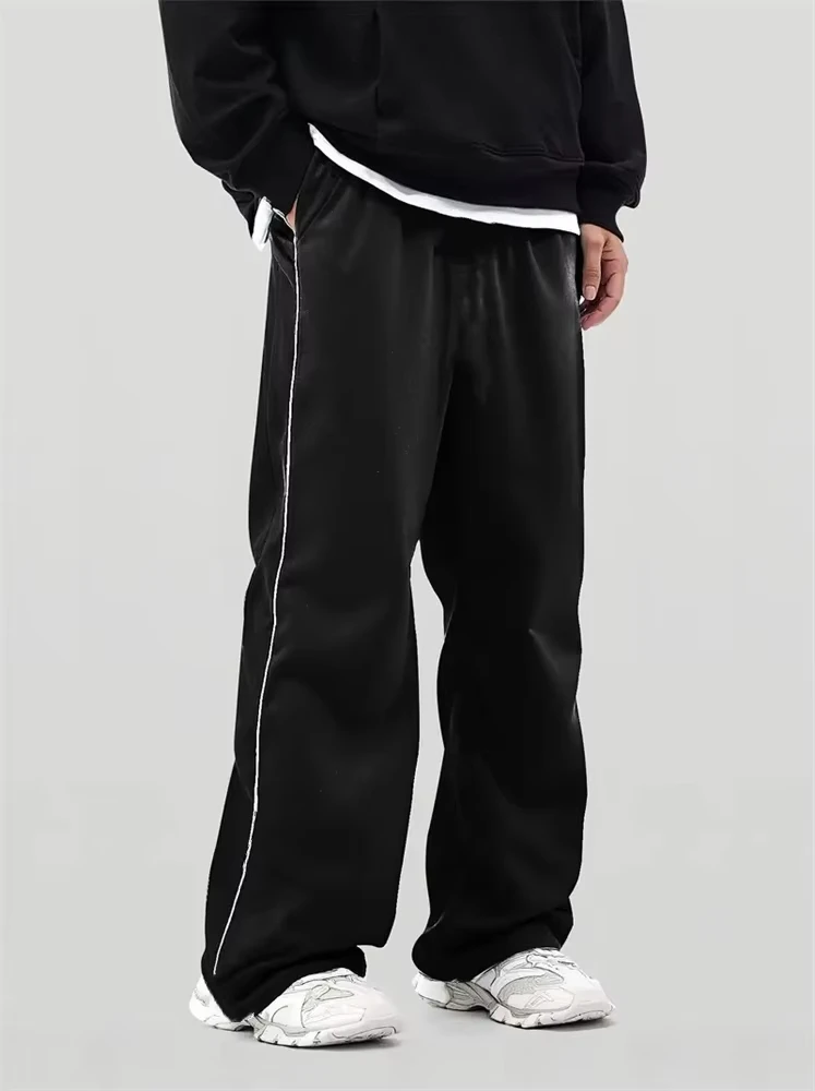Hot Sale Men Wide Leg Sweatpants Side White Piping Line Drawstring Elastic Waist Loose Casual Streetwear Trousers Women's Kids