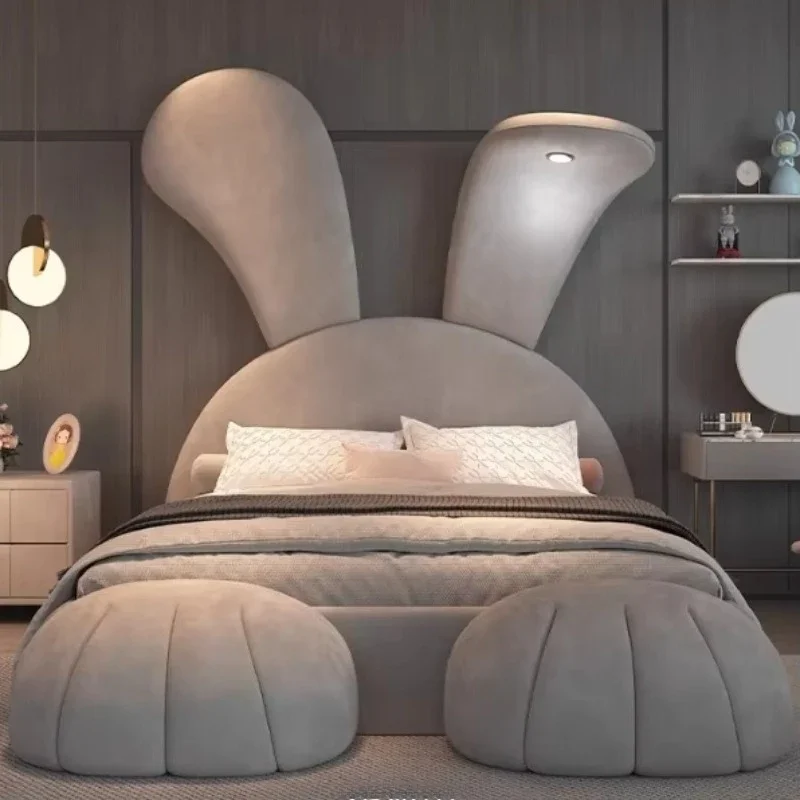 

Modern minimalist children's double princess bed high quality wooden fabric rabbit bed bedroom or living room