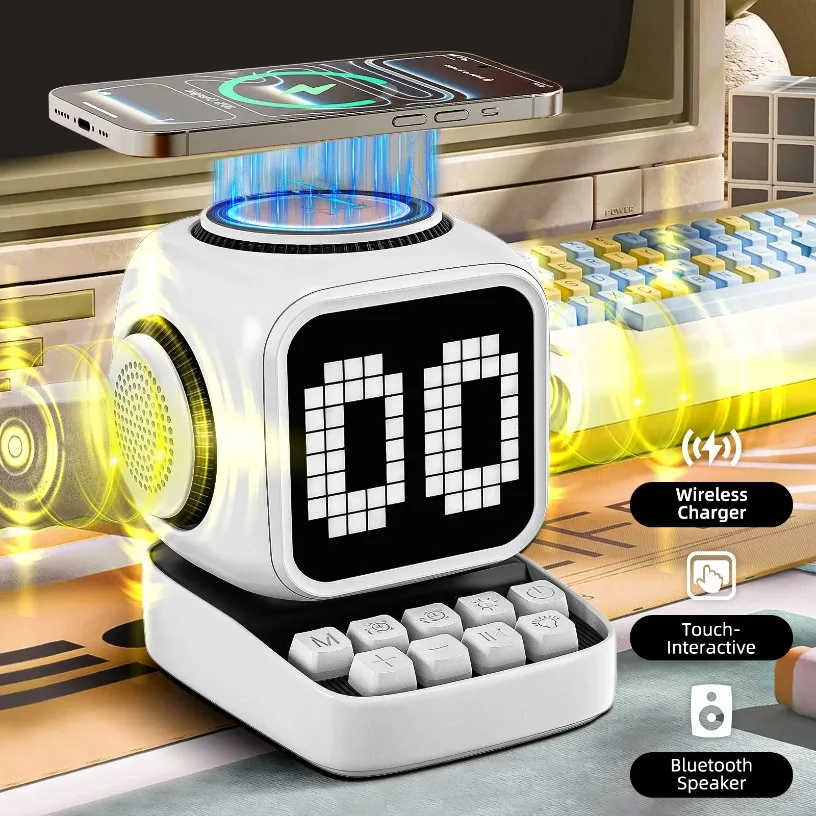 

Portable 15W Wireless Charging Bluetooth Speaker Retro Pixel Art Alarm Clock LED Display Board Cute Gift Home Light Decoration