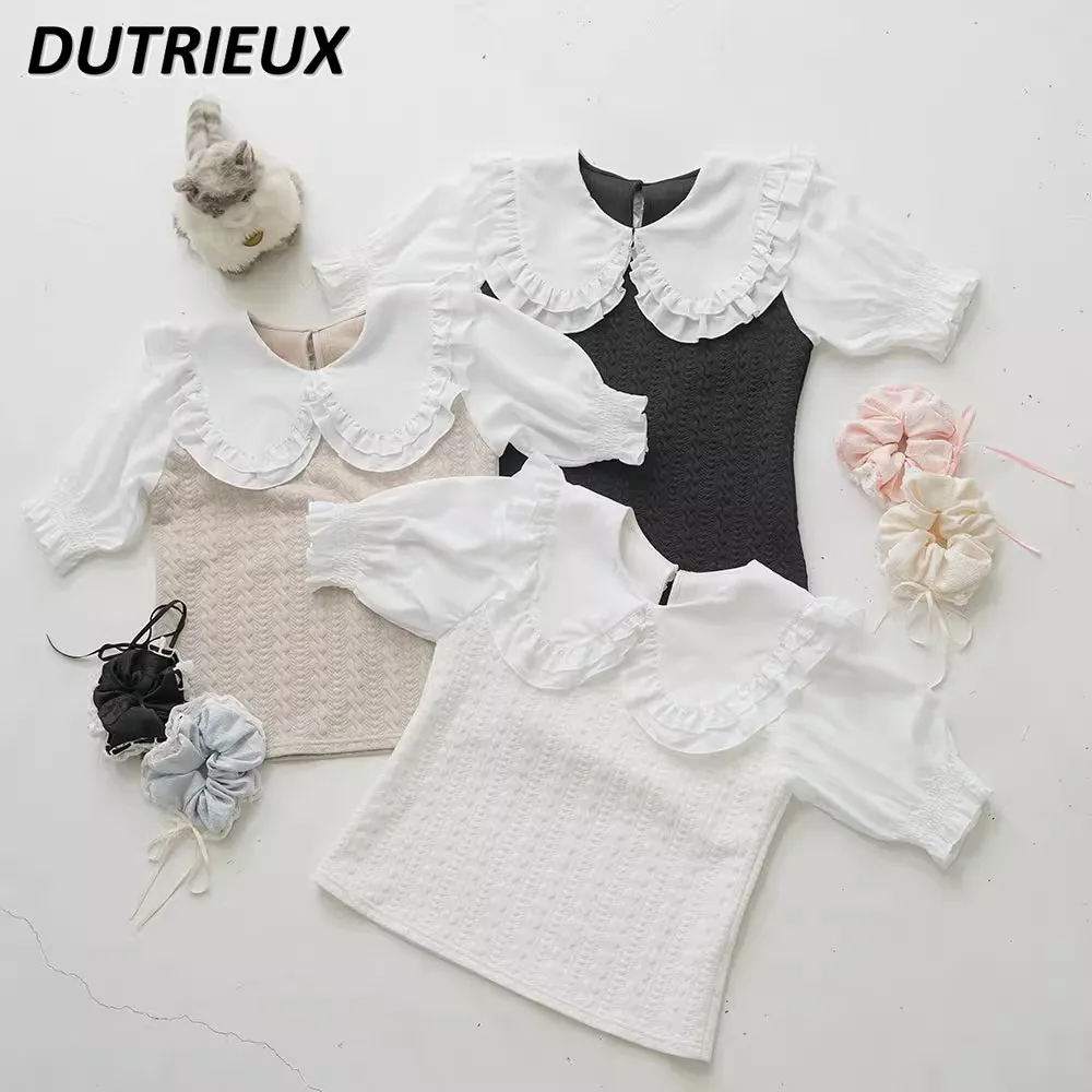 Summer New Japanese Sweet Lady Cute T-shirt Big Doll Collar Puff Short Sleeve Slim Fit Versatile Top Inner Wear for Women