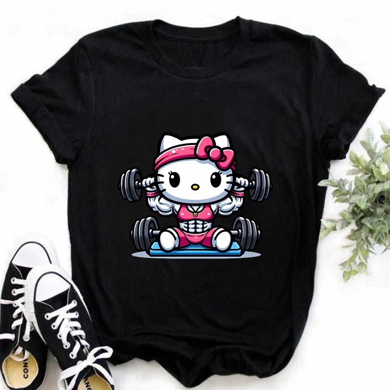 Funny HelloKitty Printed T-shirt Anime Kuromis Pattern Summer Cotton Women Casual Harajuku T-shirt High Street Women's Clothing