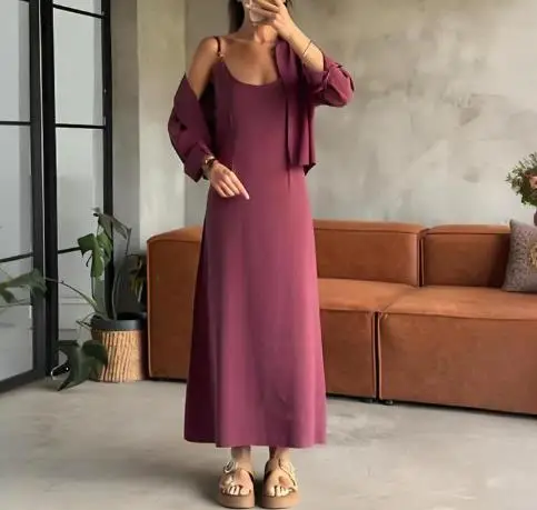 

Women's Long Skirt Set Summer New Sexy Casual Vacation Style Solid Color Lapel Long Sleeved Shirt Jacket Suspender Dress Set