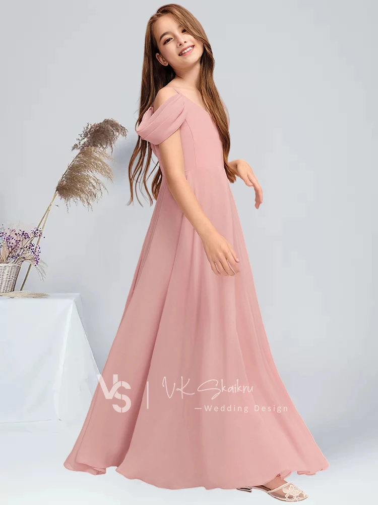 Robe de Demoiselle d'Honneur Trapèze en Mousseline de Soie, Longueur au Sol, avec Blush Plissé, pour ixde Mariage, pour Enfant