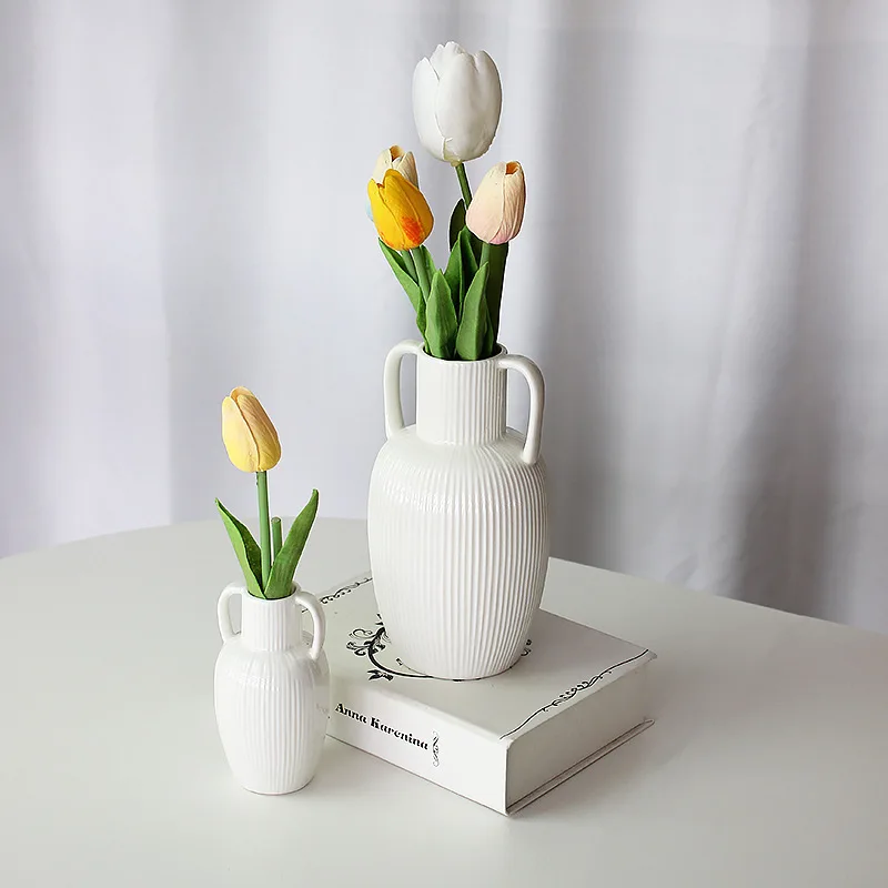 

Ceramic Vase with Double Ear Striped Vase and Handle for Home TV Cabinet Decoration and Decoration Home Decoration Accessories