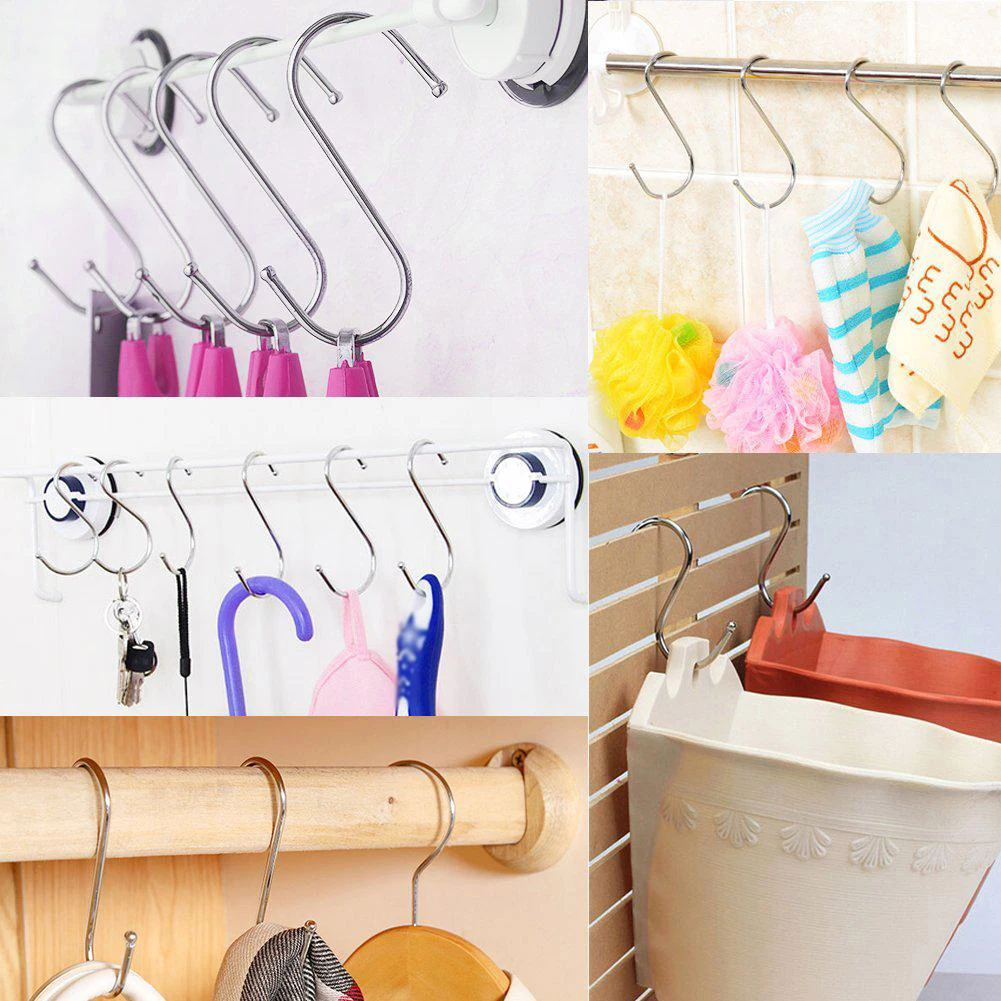 10/20pcs Stainless Steel S Shaped Hook Multi-function Hanging Hooks Kitchen Bathroom Clothing Hangers Clasp Holder Storage Rack