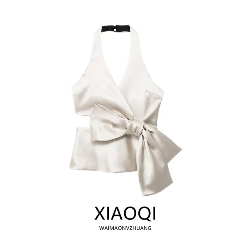 

Silk Satin Women's Top Summer 2024 Knot Versatile Design Commute Sle ort Length Other Material 00%