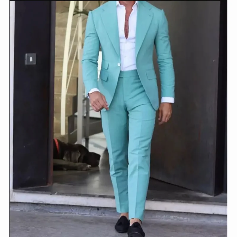 

Casual Light Blue 2 Piece Suits for Men Single Breasted Latest Male Suit Jacket Pants Design Slim Wedding Tuxedo Business Wear
