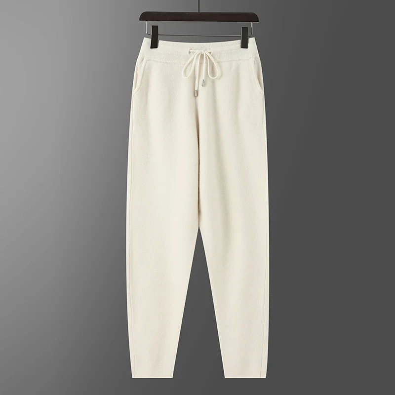 

Men's Thick Wool Pencil Pants Autumn Winter Elastic Waist 100% Merino Wool Knitted Thread Casual Trousers Cashmere Pockets Pants