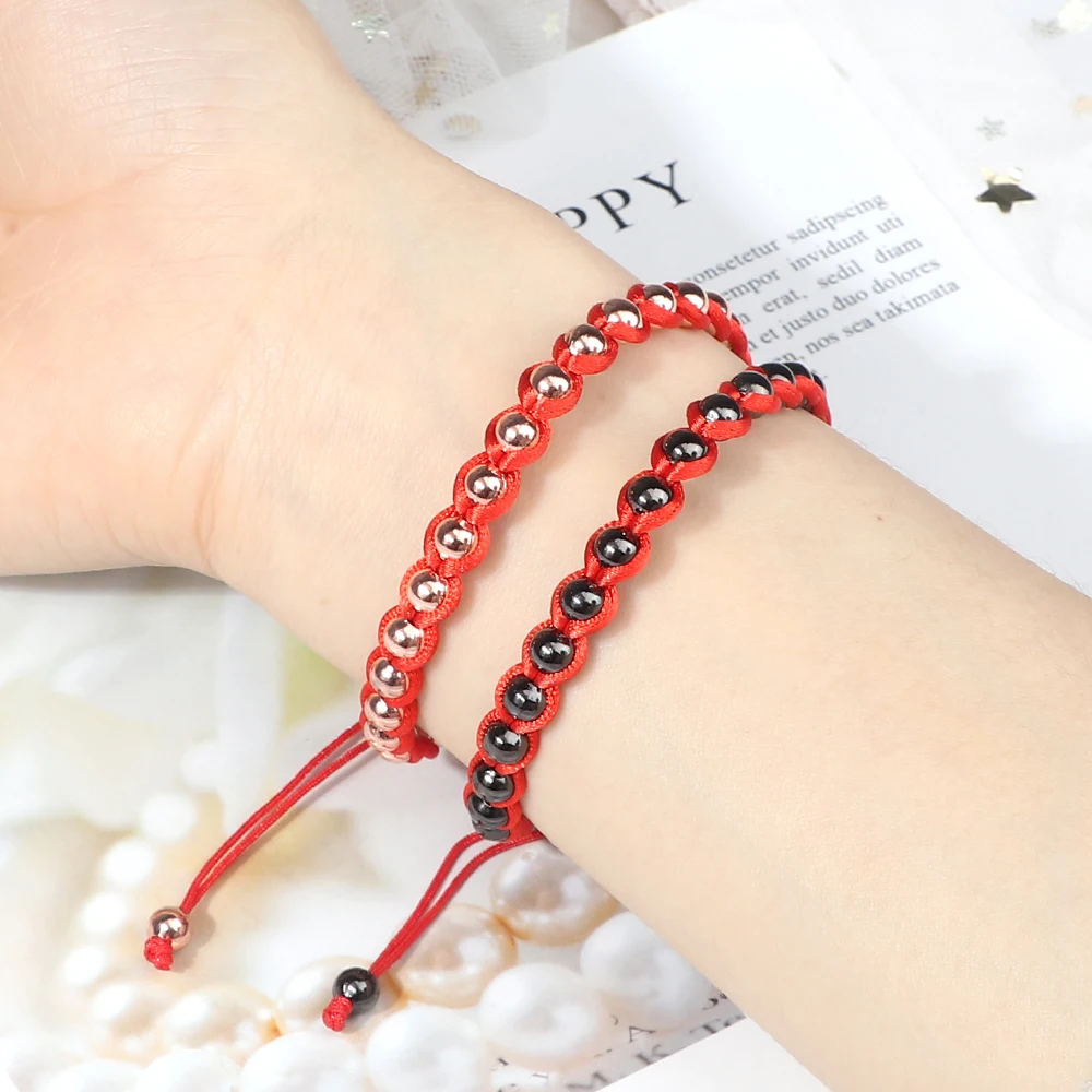 Lucky Red Rope Braided Bracelets Gold Silver Color 5mm Copper Beads Bangles Unisex Handmade Adjustable Wristbands Vintage Gifts