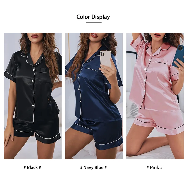 Conjunto de pijama cetim de seda para mulheres, conjuntos de pijamas de duas peças, sleepwear, loungewear, button down, homewear, shorts