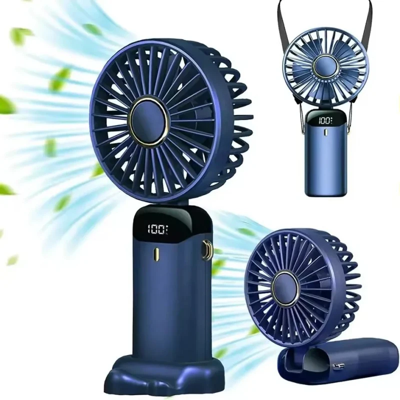 1800mAh Handheld Mini Fan Foldable Portable Neck Hanging Fans 5 Speed USB Rechargeable Fan with Phone Stand and Display Screen