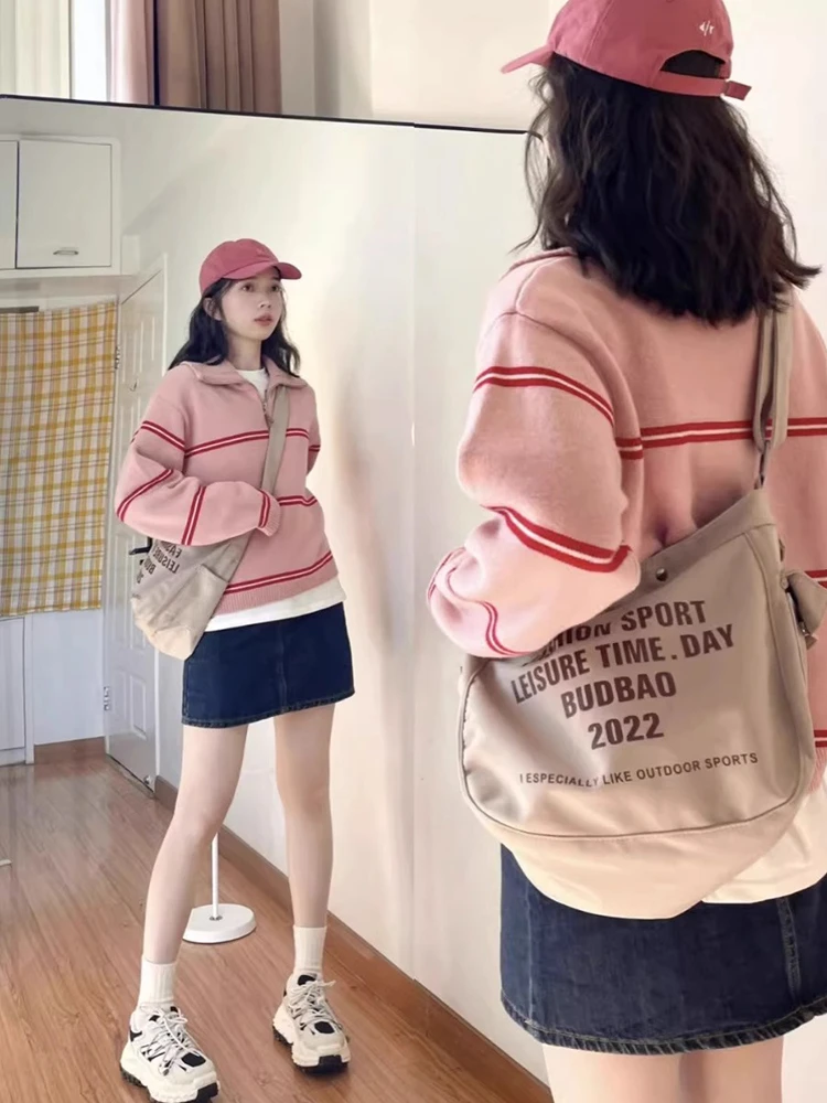 

Розовый полосатый цветной блузка, женский свитер, осень-зима, свободный пуловер на молнии, трикотаж, сладкий бренд Cenzcci