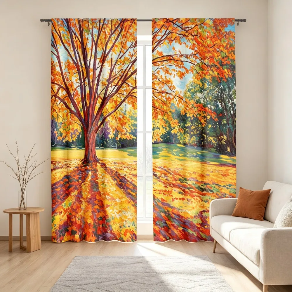 2PCS Digital Print Curtains, Impressionist Oil Painting Autumn Golden Tree Pattern, Fine Art Style for Study Room ／ Living Room