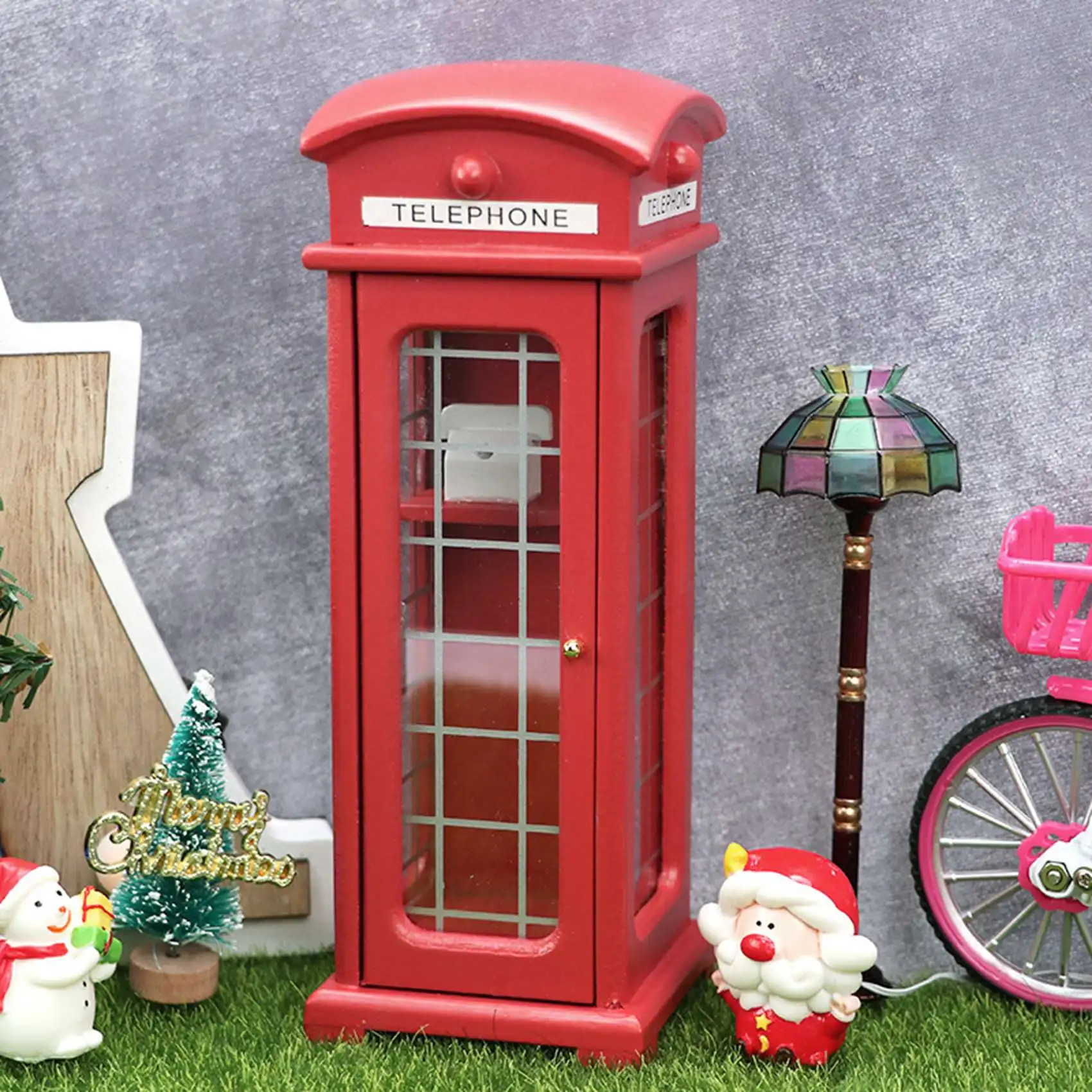 BAAA-1/12 Scale Dollhouse Wooden Telephone Booth Figurine Miniature Ornament Craft Accessory for DollHouse Pretend Play Toys
