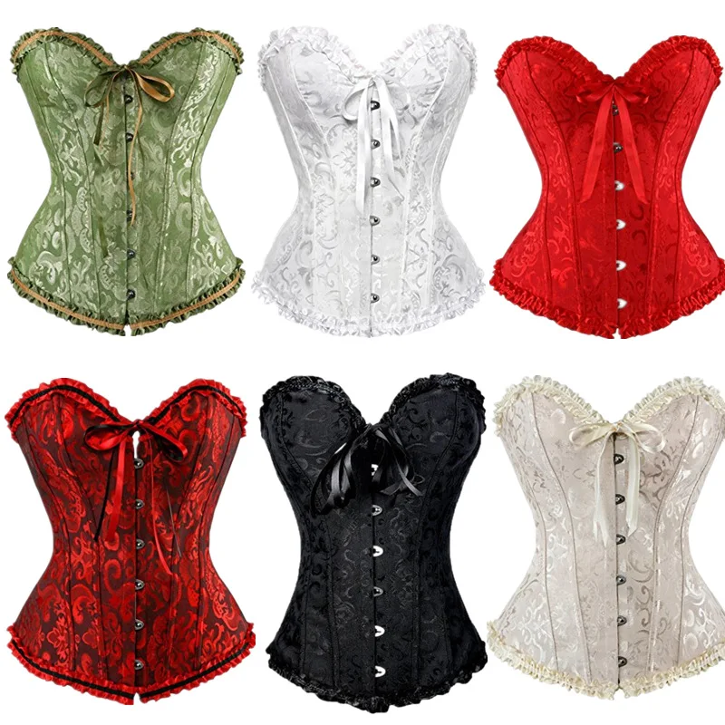 Sexy bust and tight corset women's floral lace top retro tight corset Gothic off shoulder satin jacquard tight corset