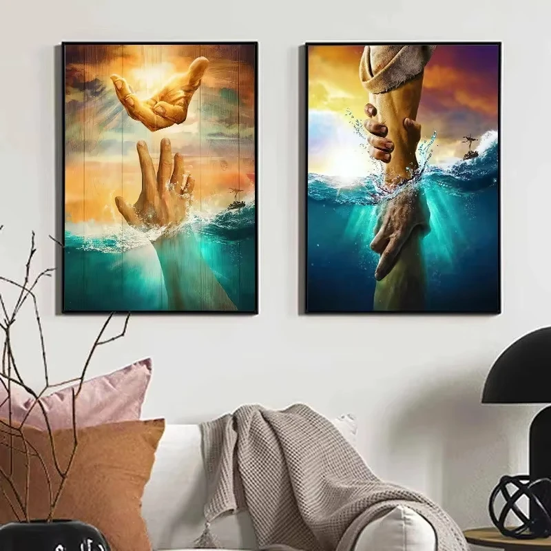 Kit de Peinture Diamant 5D DIY Complet (Carré & Rond) Thème Jésus Mains de la Sauvetage, Mosaïque Artistique Religieuse, Décoration Maison, Cadeau, Sans Cadre