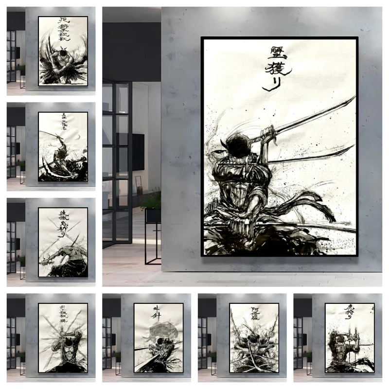 

High Quality Canvas Printing One Piece Zoro Black and White Sketch Style Cartoon Character Picture Home Living Room Decor Poster