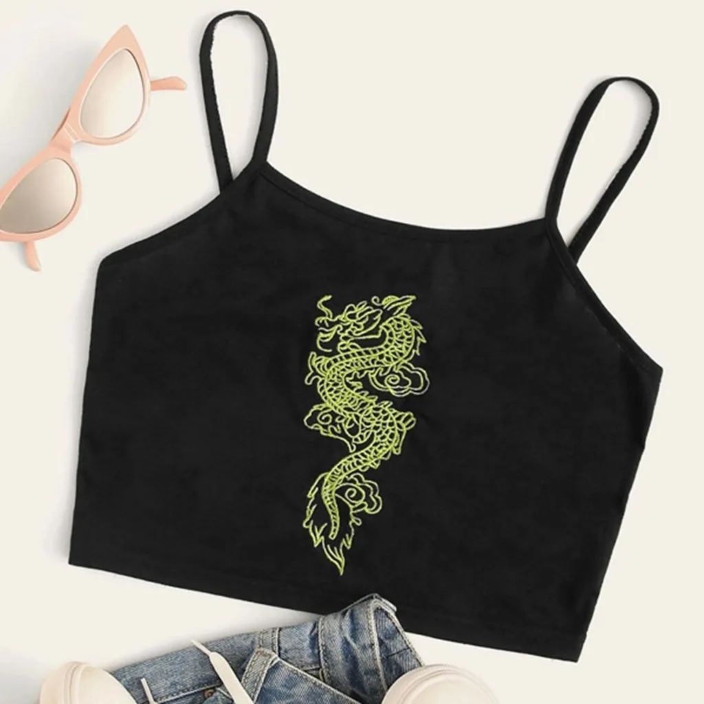 Women y2k cropped top tank dragon pattern black camis top summer female gothic style camisole vests