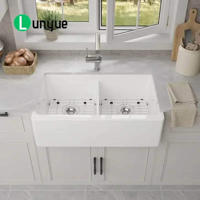 33 Inch White Fireclay Handmade Rectangular Double Bowl Apron Front Kitchen Sink Farmhouse Style Durable Easy Clean