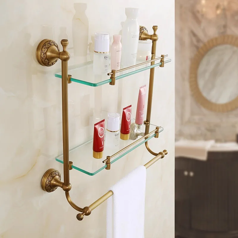 

Modern All Copper Brass Finish Corner Mount Wall Bathroom Washbasin Cosmetics Storage Rack with Double Layer XR6987